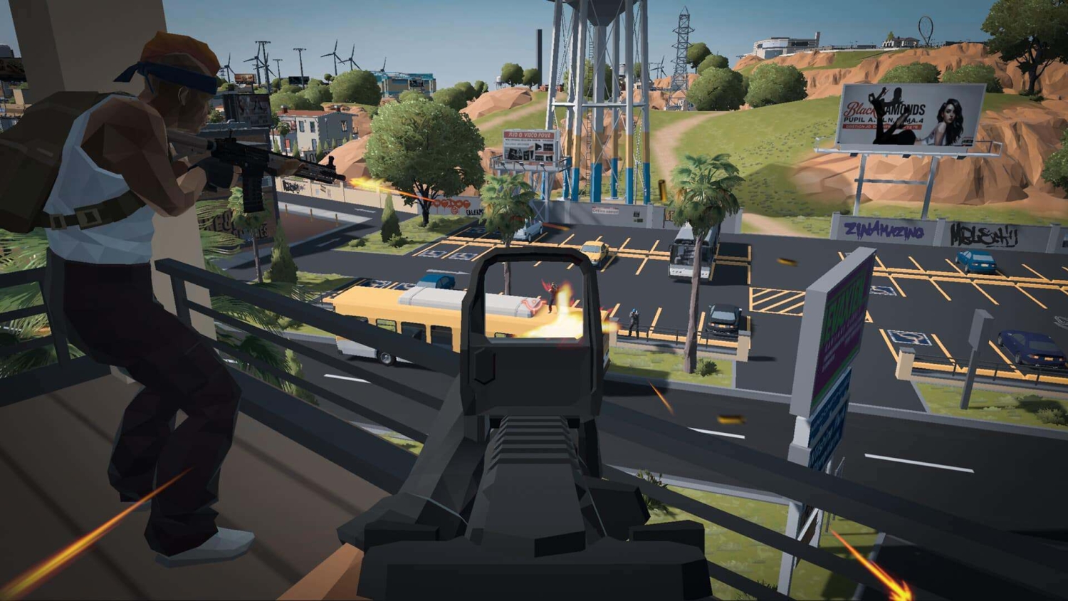 Two low-polygon characters firing weapons from rooftop at targets in a parking lot below