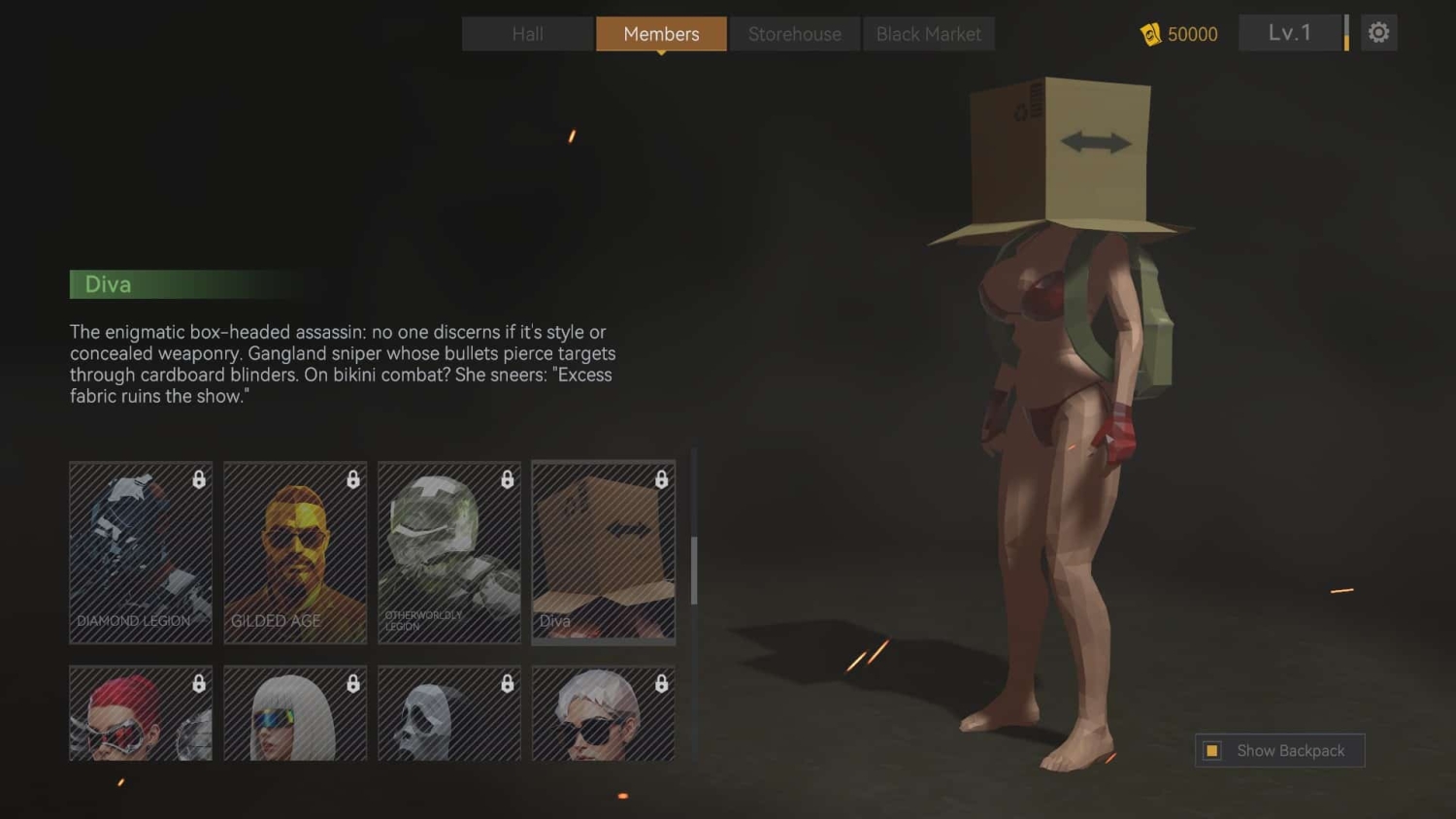 Game character in a bikini and gloves with a cardboard box on their head in a character selection screen