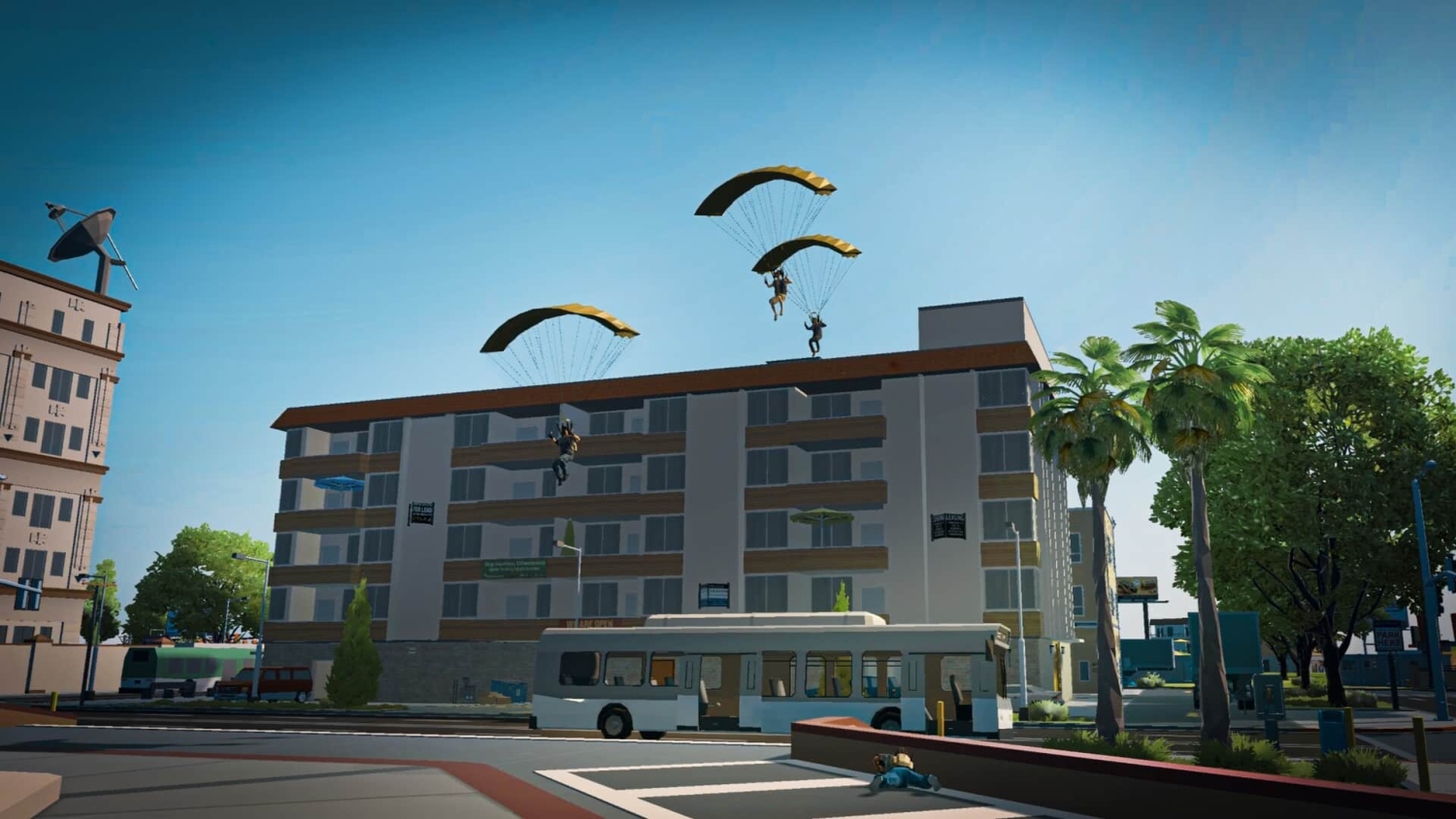 Three parachutists descending with yellow parachutes towards a city street featuring a bus and palm trees
