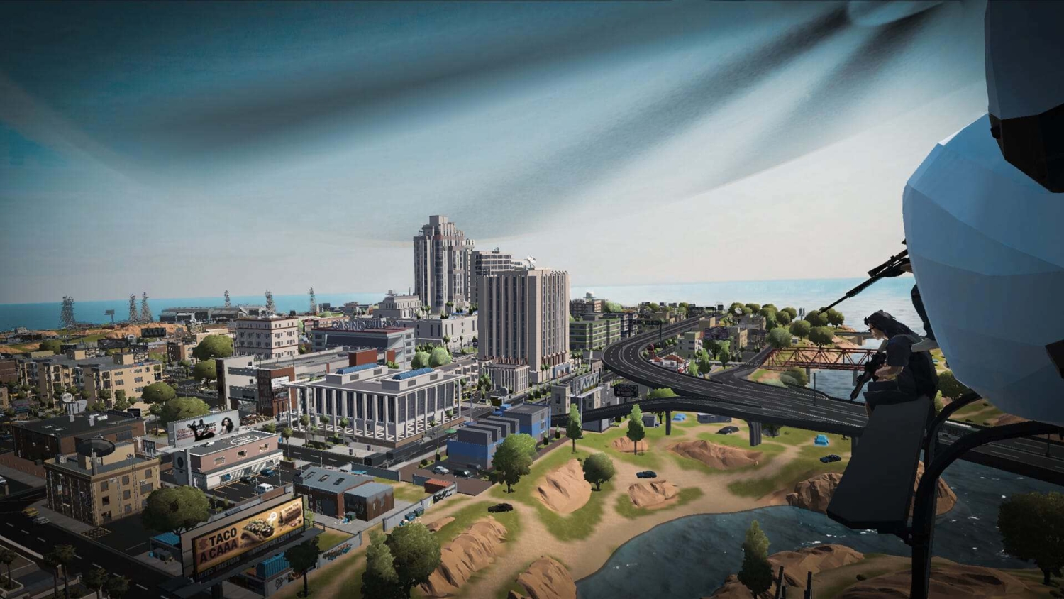 Low-polygon character with rifle sniping from high lookout over city buildings, roads, and water