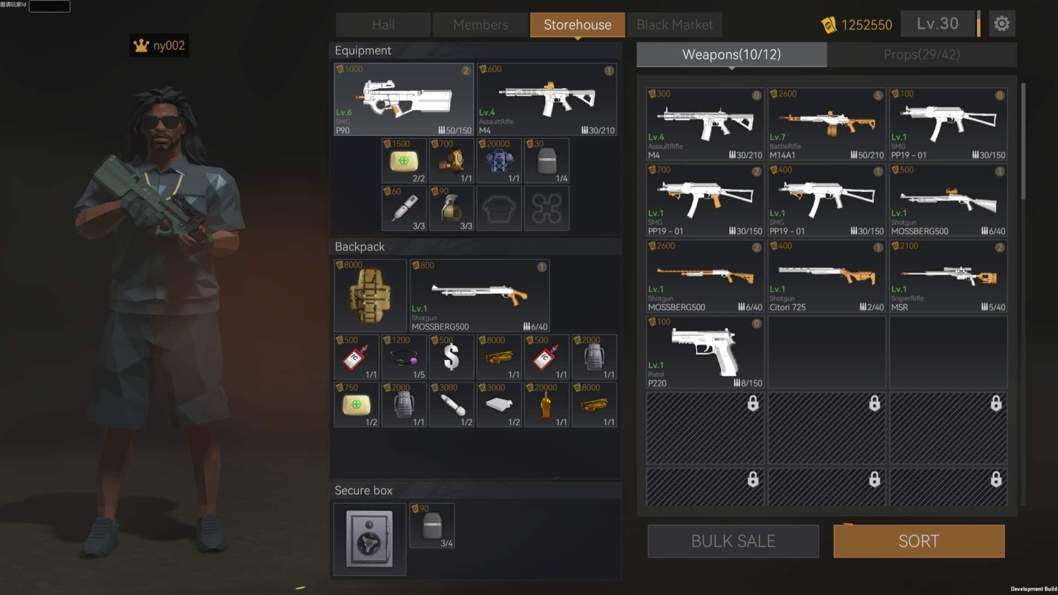 Polygonal character holding a rifle stands beside a game inventory screen showing weapons and equipment items.