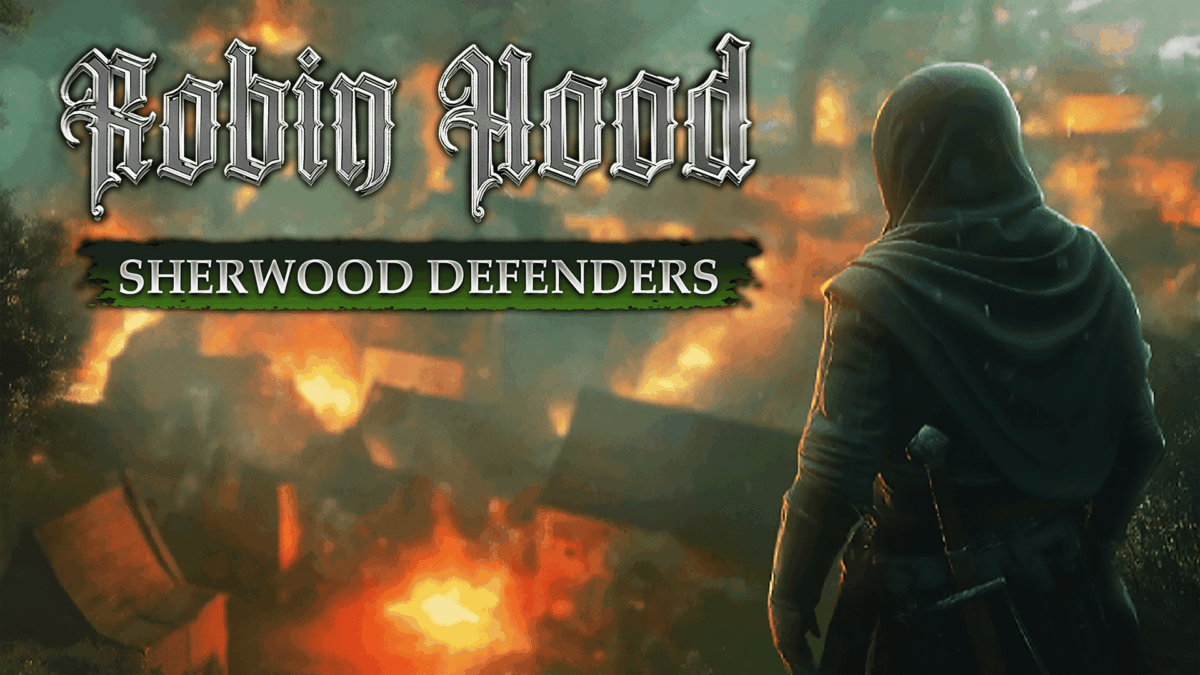 Hooded figure with a sword looking over a village burning in flames at night