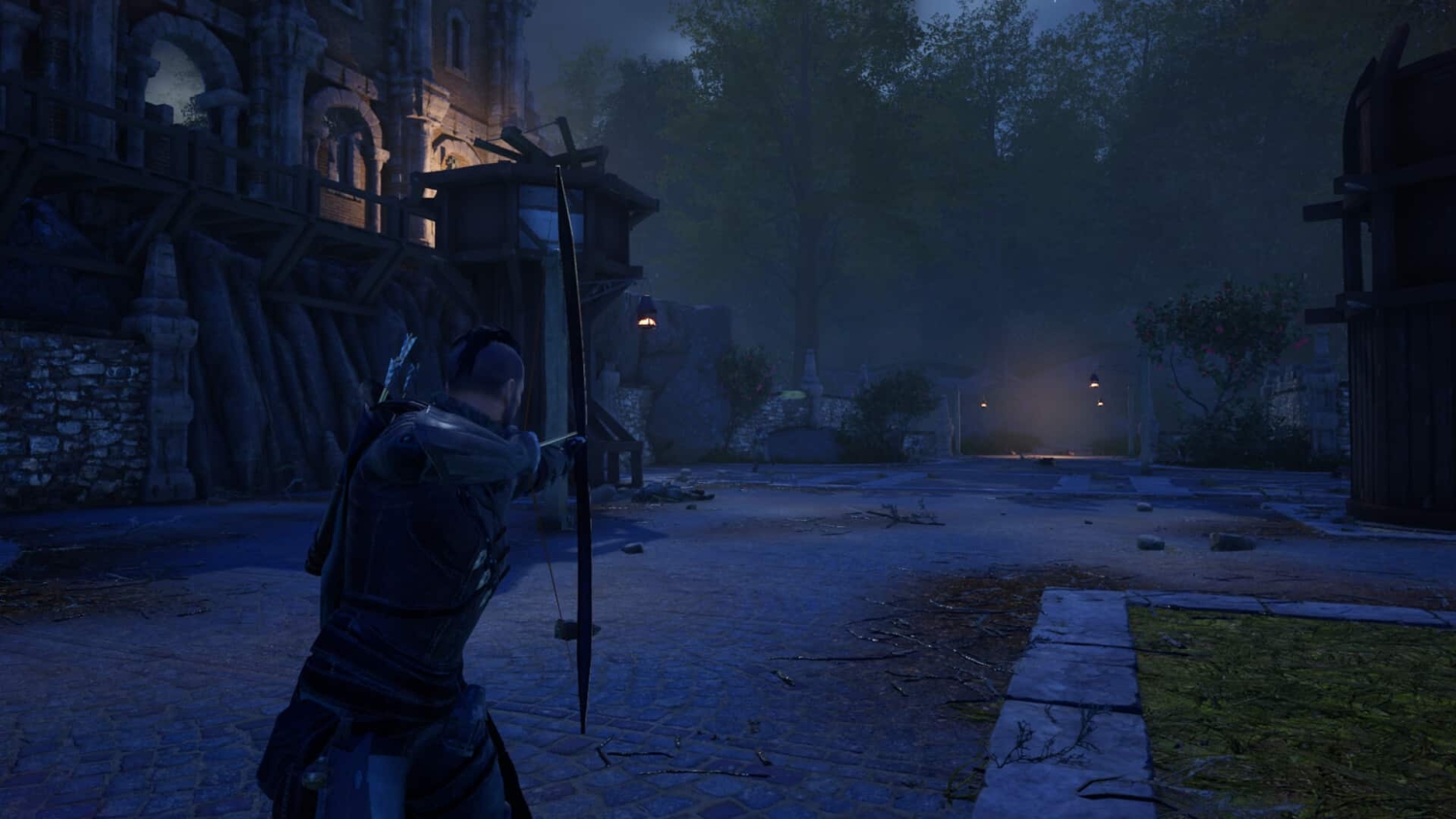 Archer drawing a bow and aiming down a cobblestone street in a dimly lit medieval village at night