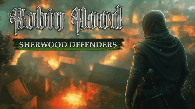 Hooded figure with a sword looking over a village burning in flames at night