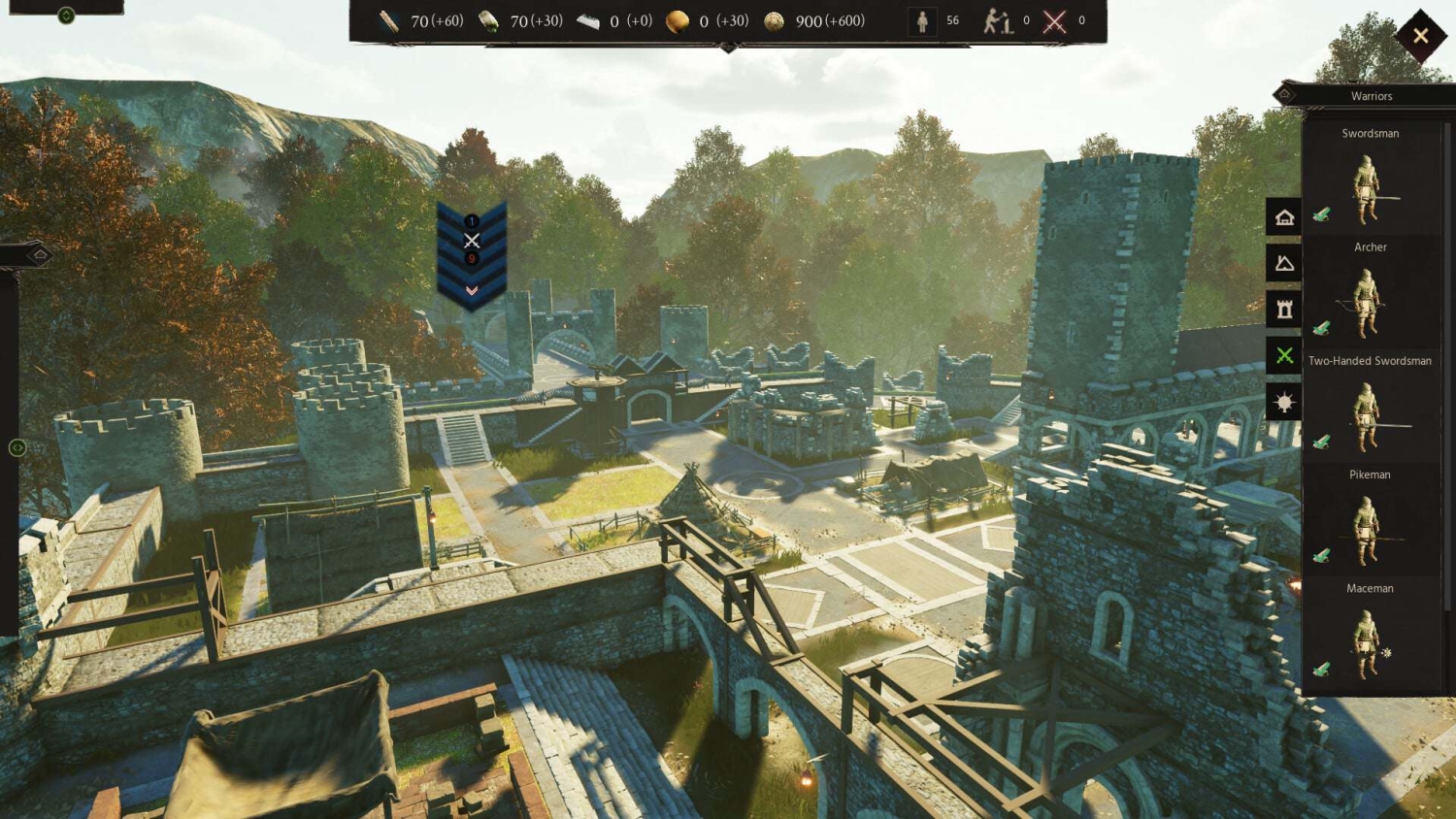 Bird's-eye view of a medieval castle courtyard with stone walls, towers, and game interface showing warrior types