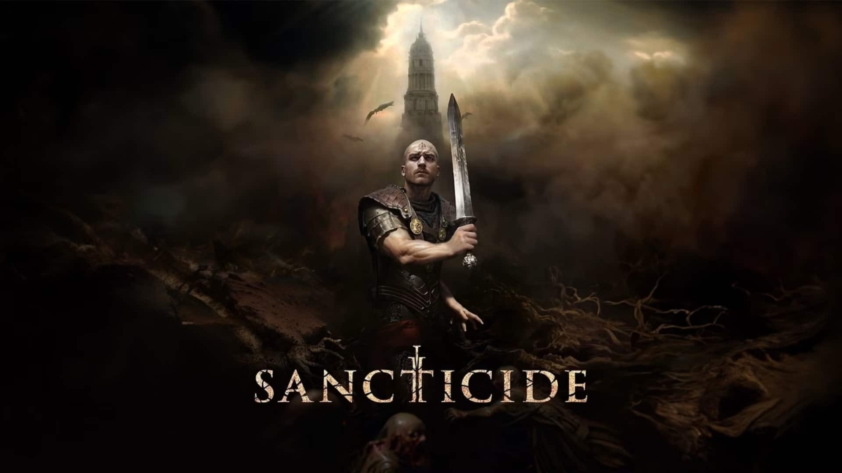 A bald warrior holding a large sword stands amid dark, twisted roots under a cloudy sky with a tall tower in the background