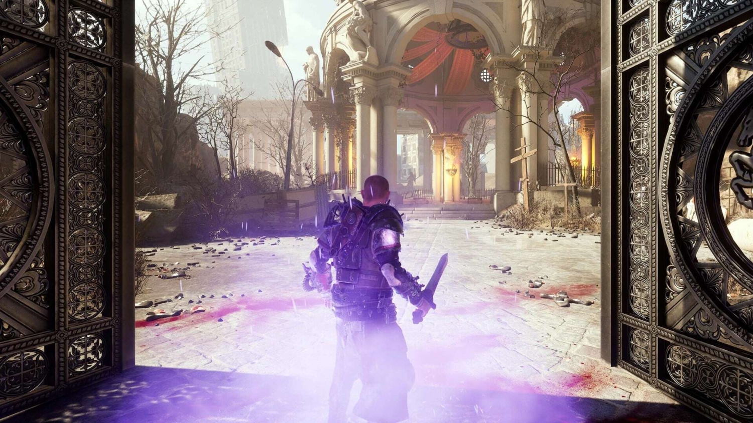 Armoured character wields sword and shield surrounded by purple mist at ornate church entrance