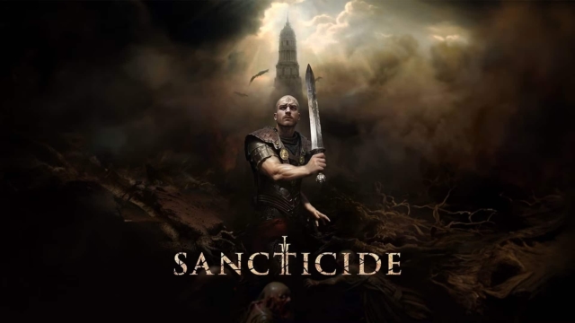 A bald warrior holding a large sword stands amid dark, twisted roots under a cloudy sky with a tall tower in the background