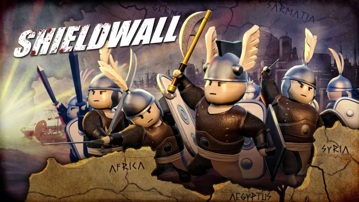 Animated soldiers in helmets with wings and shields in combat poses over old world map background