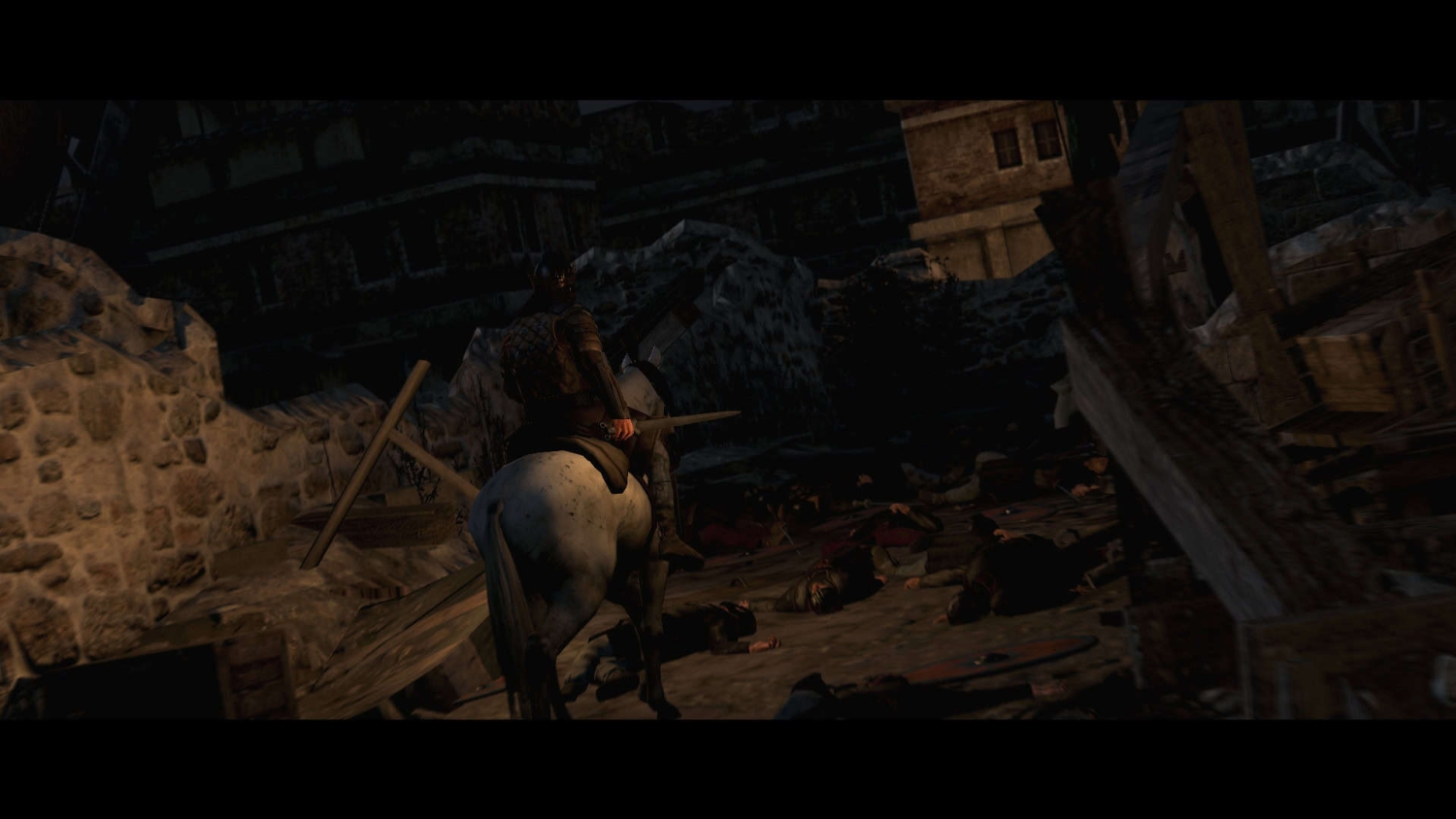 Armoured warrior riding a white horse through a dark, debris-covered battlefield scattered with fallen soldiers