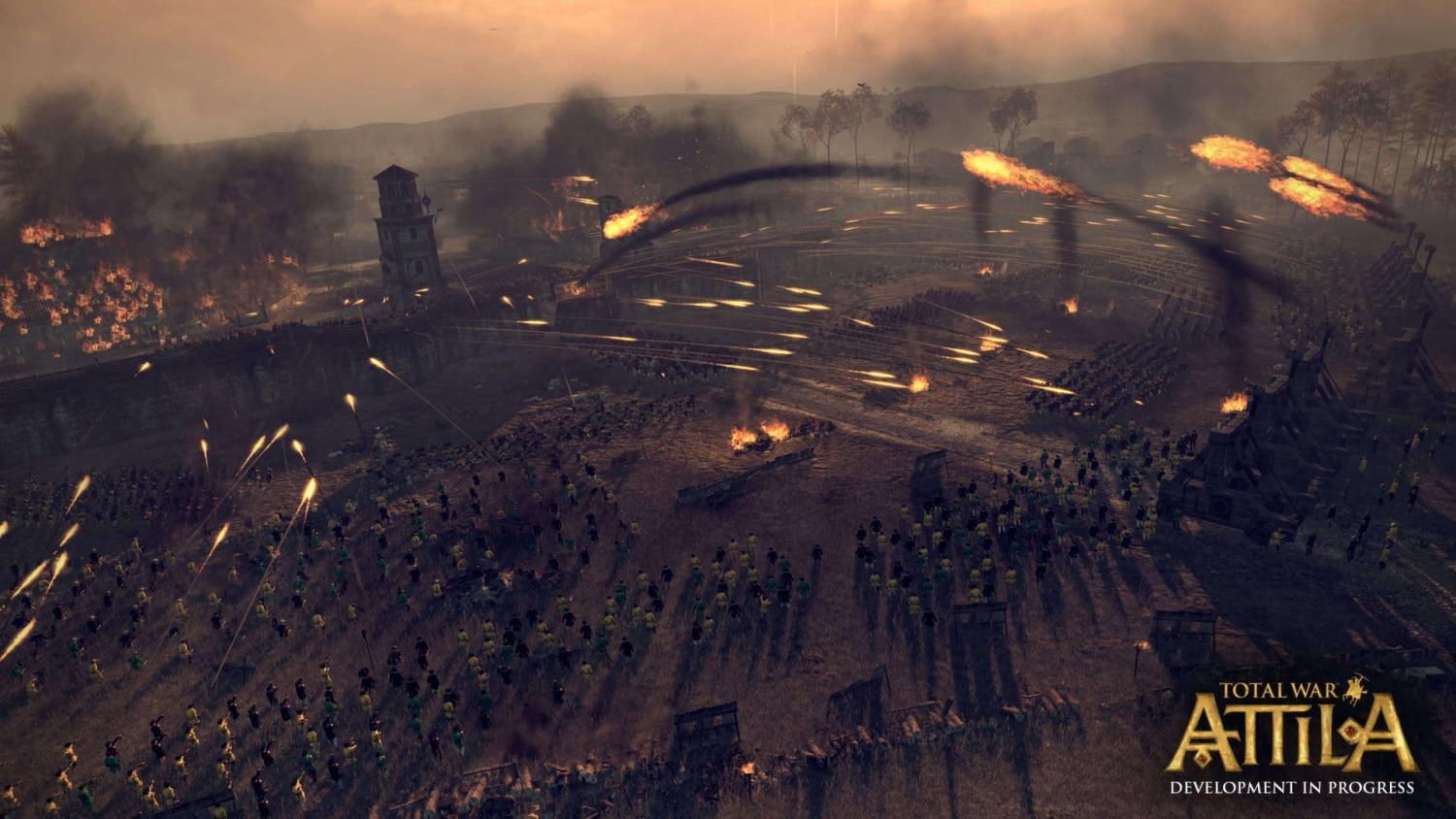 Armies assault a medieval walled city with catapults launching flaming projectiles during a siege