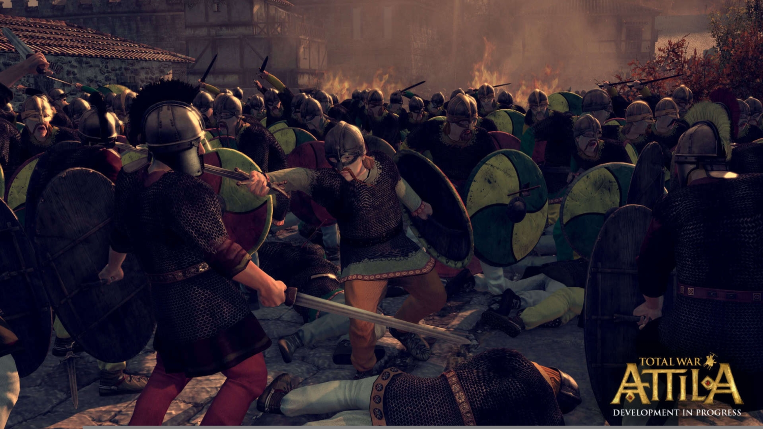 Armoured medieval warriors with shields and swords fighting amidst burning buildings in a crowded battle