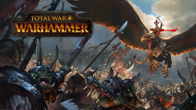 Fantasy battle with armoured warriors fighting and a warrior on a large flying eagle-like creature