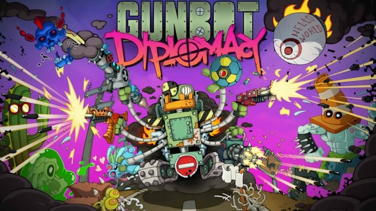 Colourful cartoon battle scene featuring a multi-armed machine firing weapons at various enemies with purple background