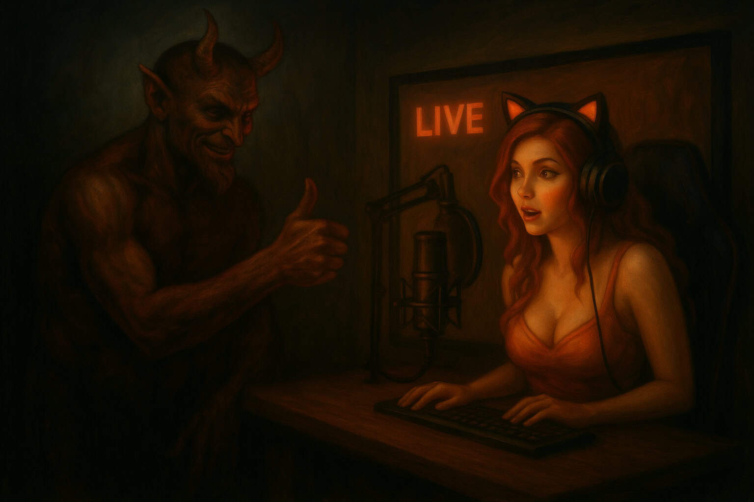 A woman with cat ear headphones streaming live while a devilish figure gives a thumbs up behind her in dim light