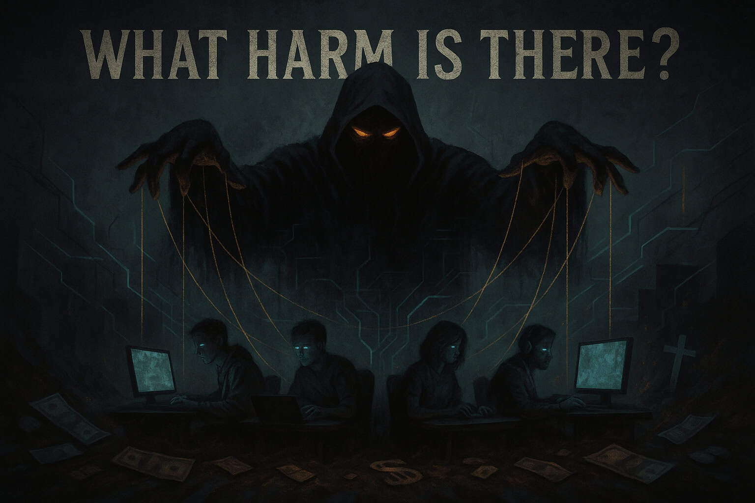Dark hooded figure with glowing eyes manipulates four gamers like puppets with strings