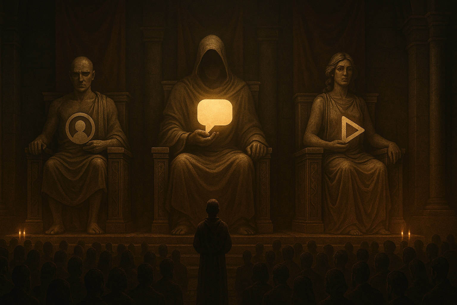 Large statues resembling gods with platform logos held by a crowd in worship