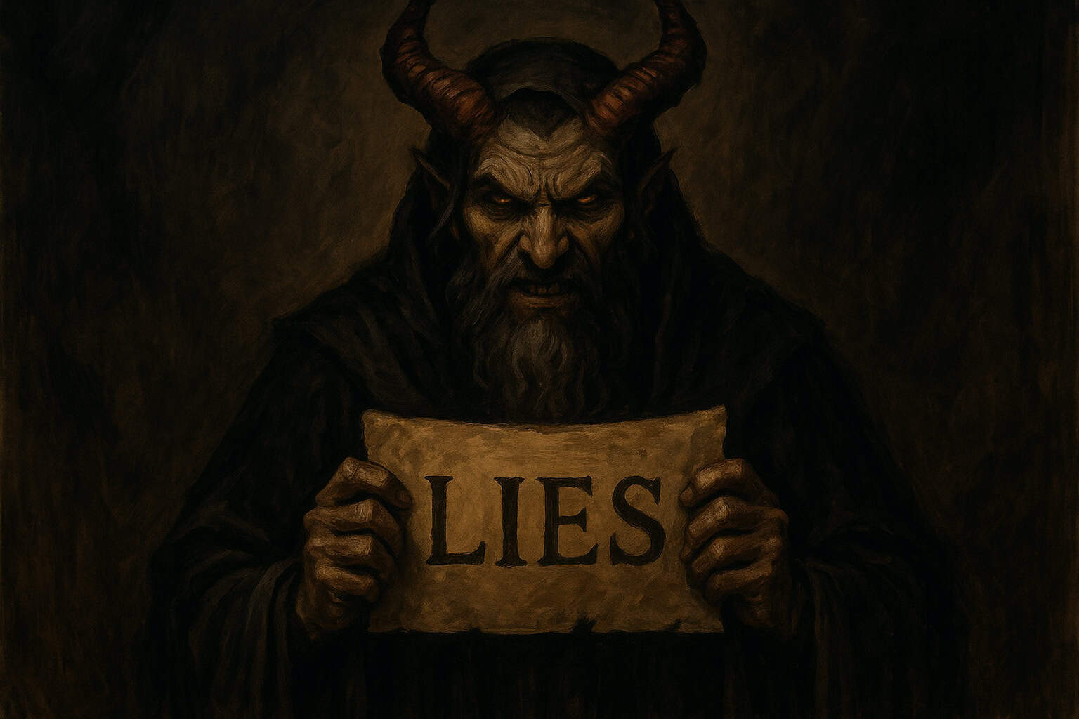 A dark, horned demon with glowing eyes holds a parchment with the word LIES