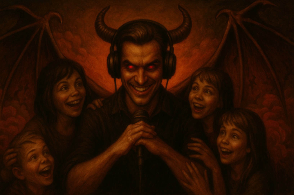 A sinister man with glowing red eyes, large horns, and bat wings smiles maliciously, surrounded by four joyful children