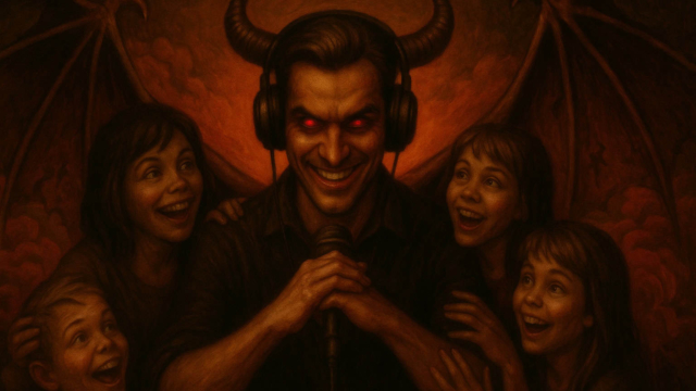 A sinister man with glowing red eyes, large horns, and bat wings smiles maliciously, surrounded by four joyful children