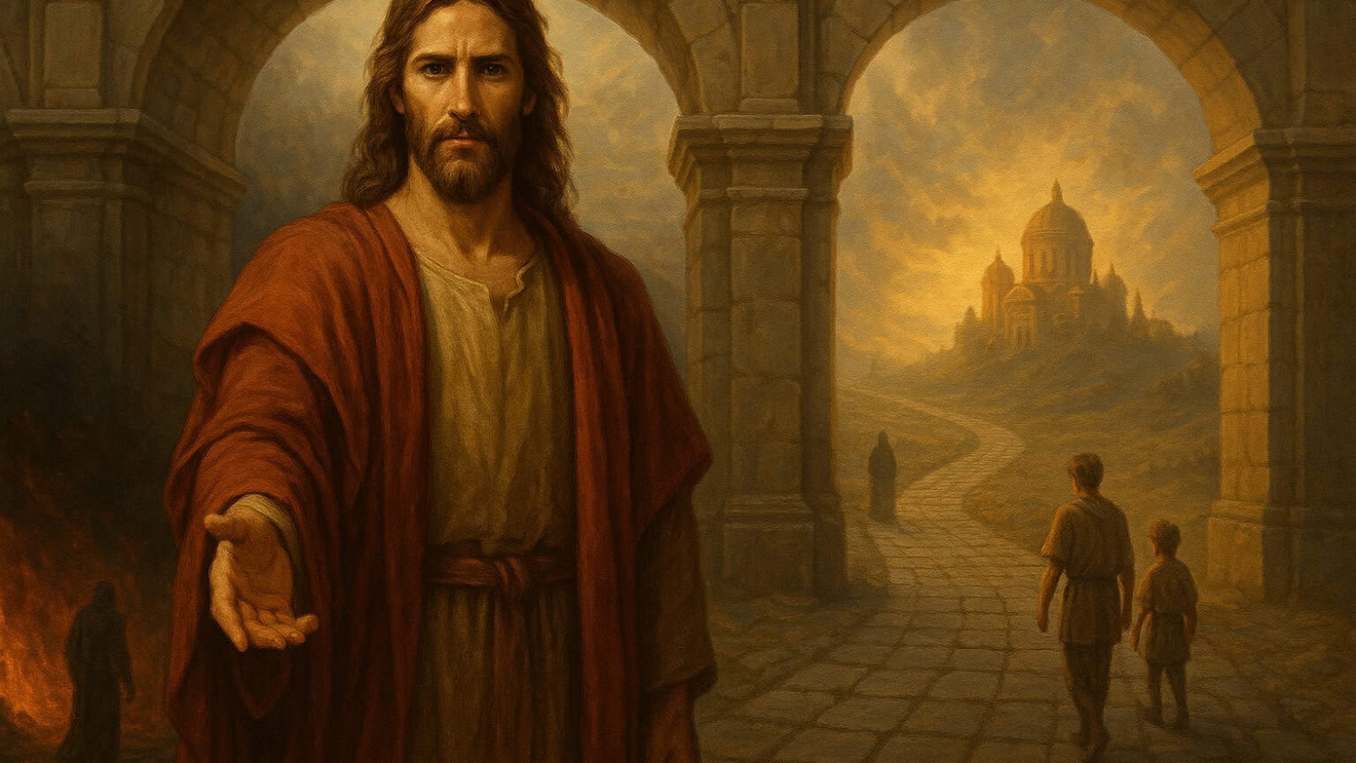 Man in red robe reaching out hand under stone arches with people walking on cobbled path towards luminous cathedral