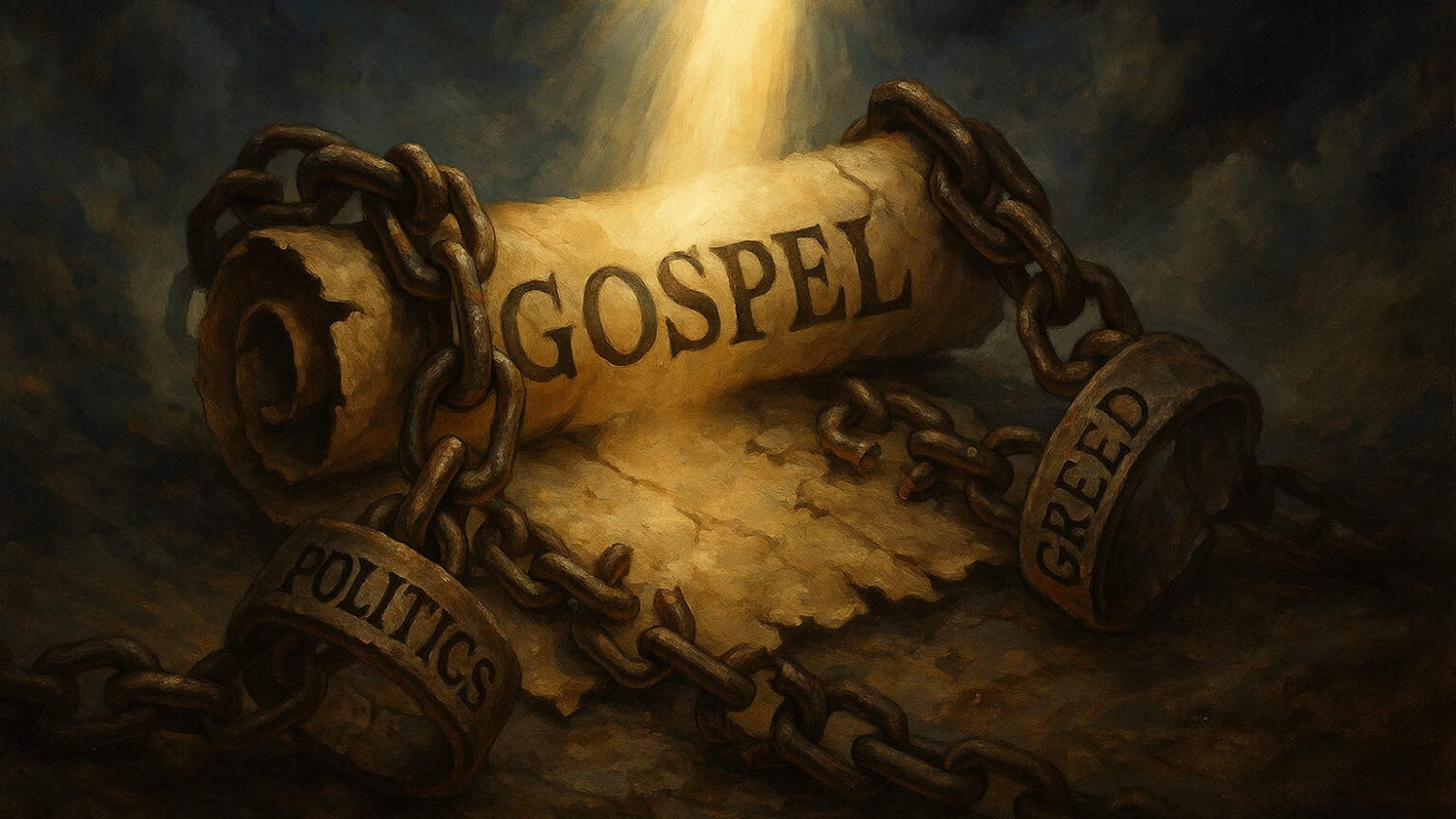Ancient scroll labelled 'Gospel' chained with locks marked 'Politics' and 'Greed' under a beam of light