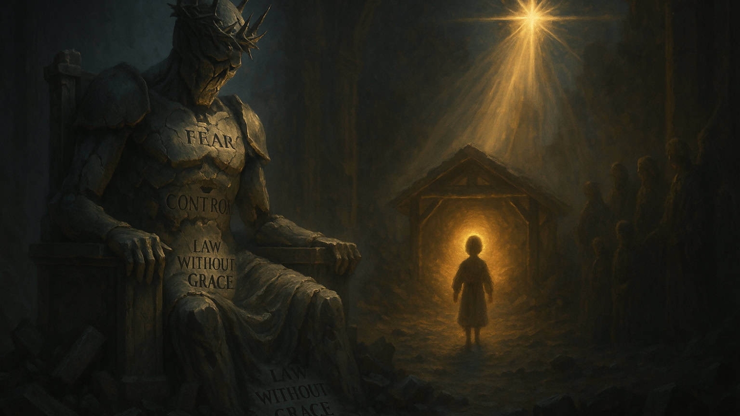 A cracked stone statue with words 'FEAR', 'CONTROL', and 'LAW WITHOUT GRACE' engraved sits on a throne beside a glowing stable where a child stands under a bright star