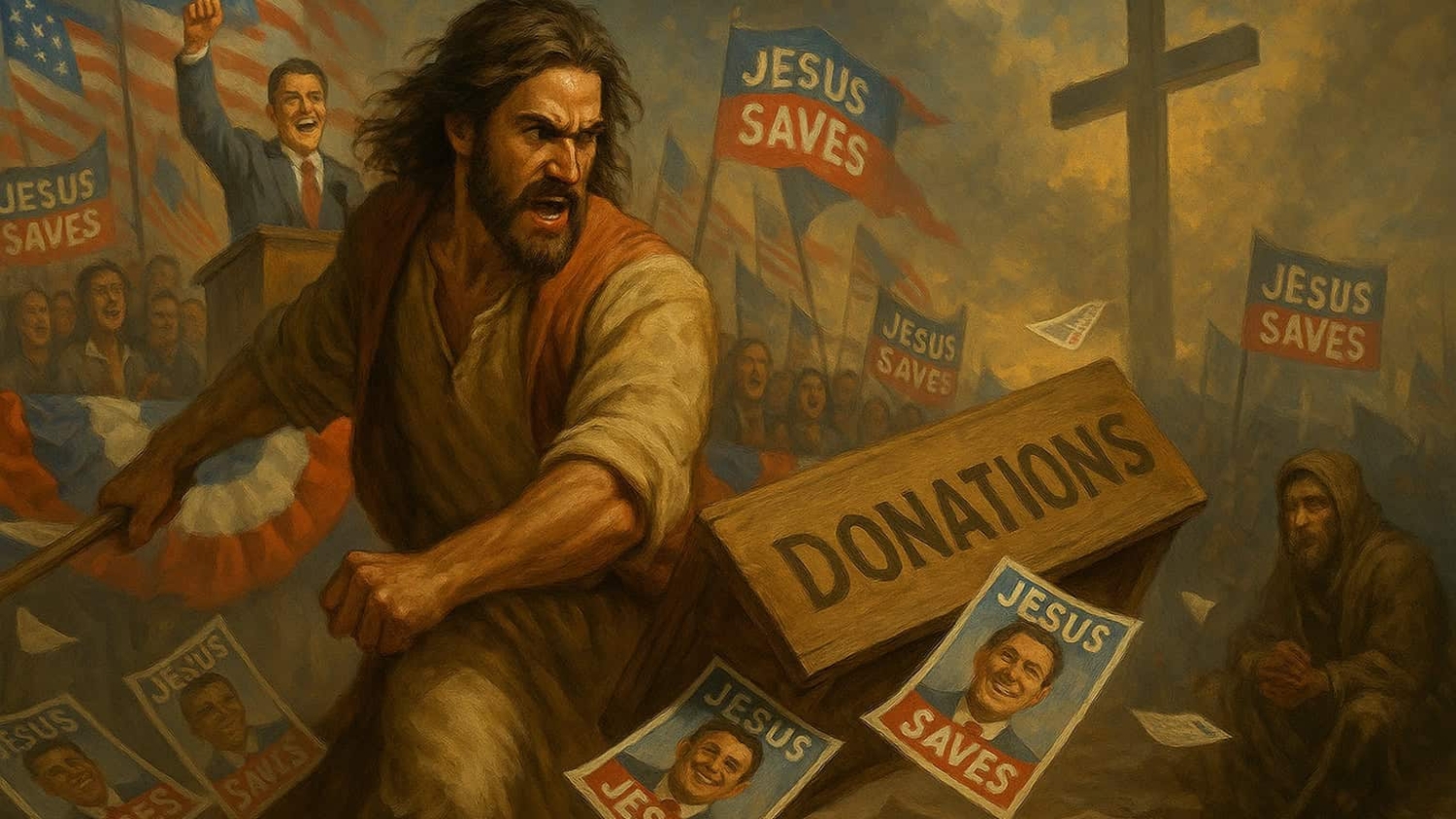 Angry man in biblical robes overturns a donation box while crowd holds 'Jesus Saves' banners and posters