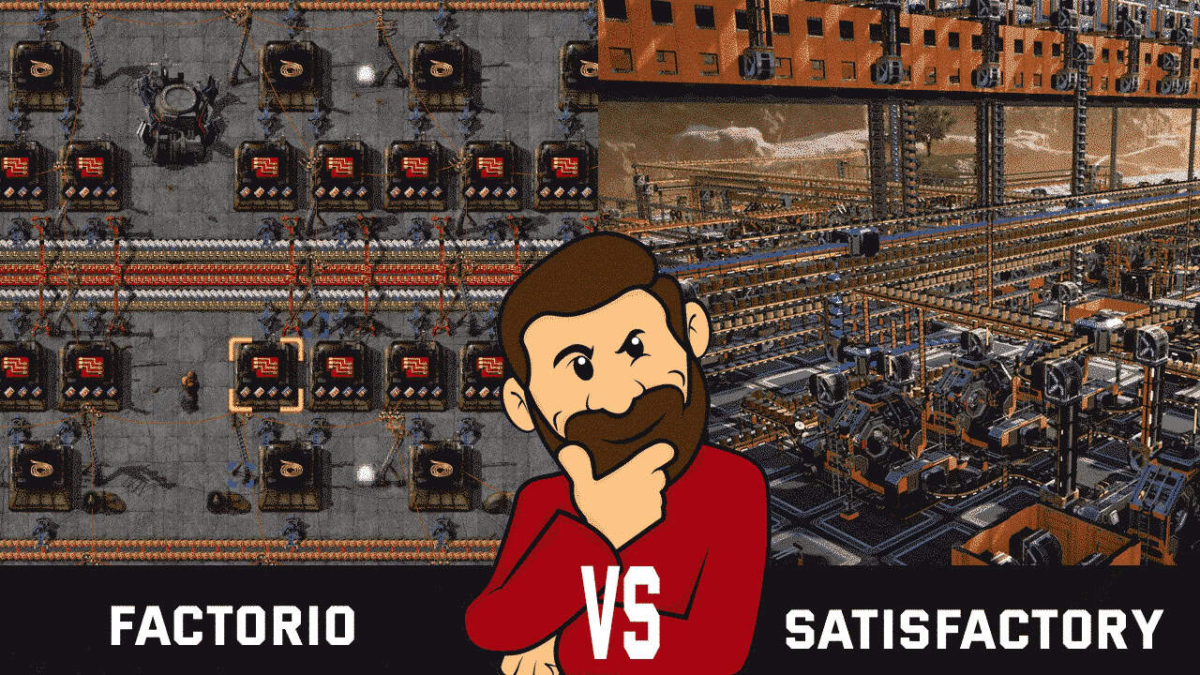 Side-by-side view of Factorio's 2D factory layout and Satisfactory's 3D industrial complex with a cartoon character thinking in between