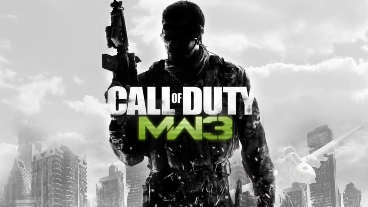 Silhouetted soldier holding a rifle with Call of Duty MW3 text overlay and a ruined cityscape background