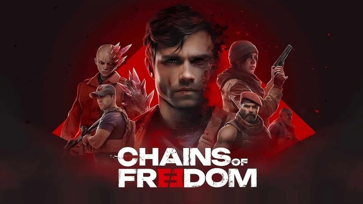 Digital art of six characters from Chains of Freedom with a red and black background