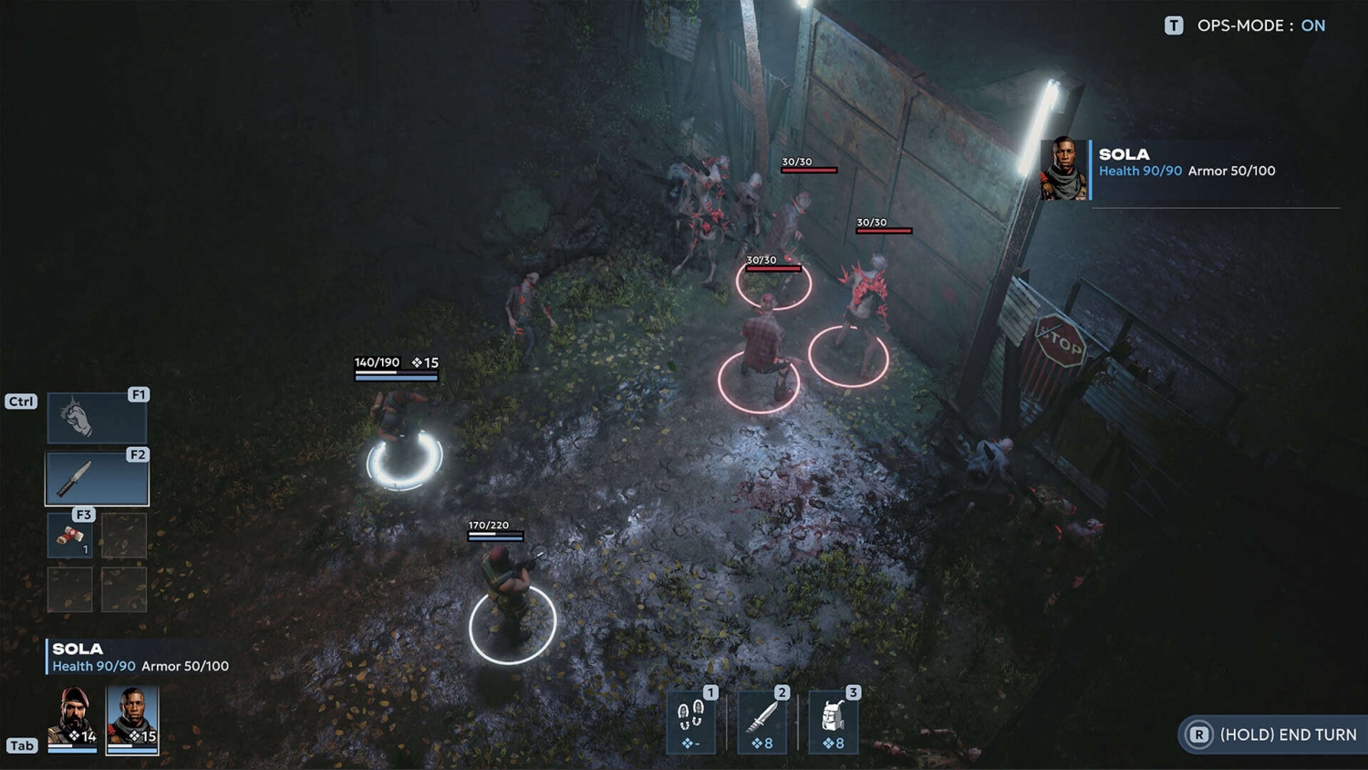 Two human characters with health bars prepare to fight a group of zombies near a metal barrier in a dark, muddy area
