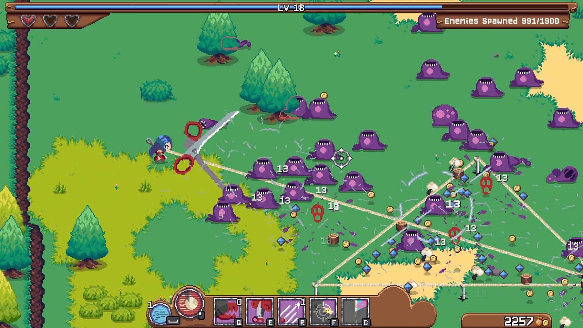 Pixel art character wielding large scissors attacking multiple purple blob enemies on grassy terrain