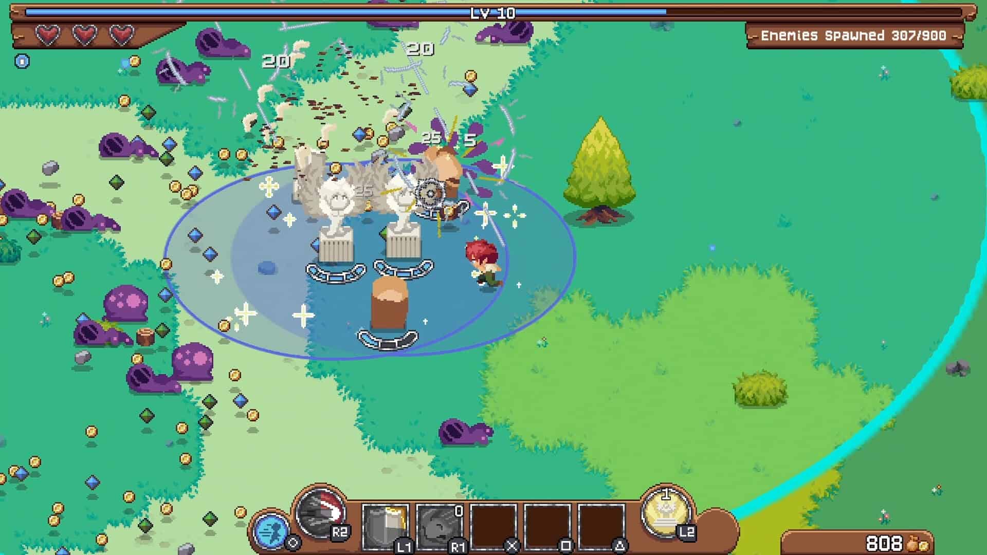 Pixel art character near two glowing statues surrounded by coins, slimes, and items on green field