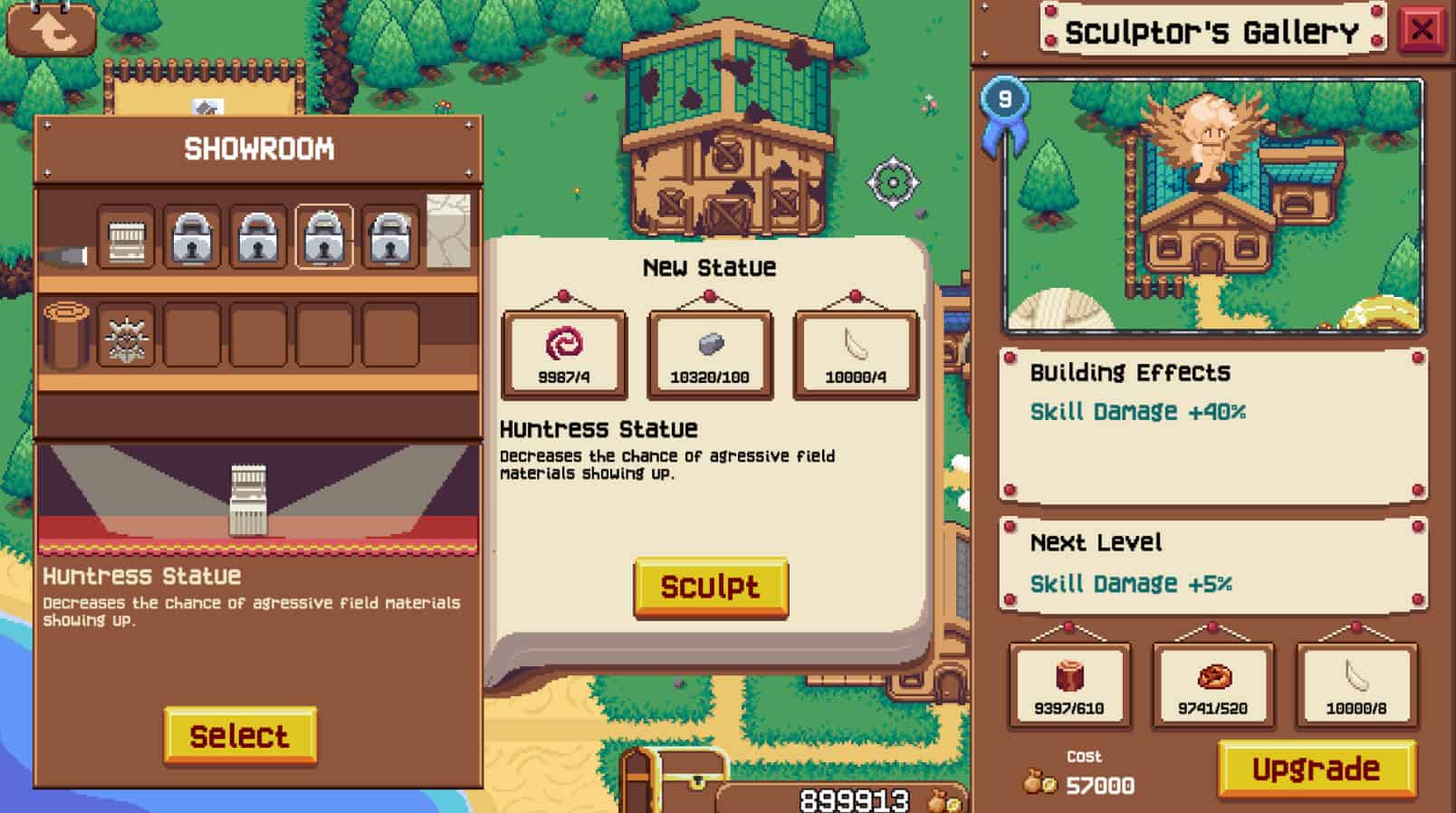 Crafty Survivors game menu showing crafting requirements for Huntress Statue with resource counts and building effects boosting skill damage