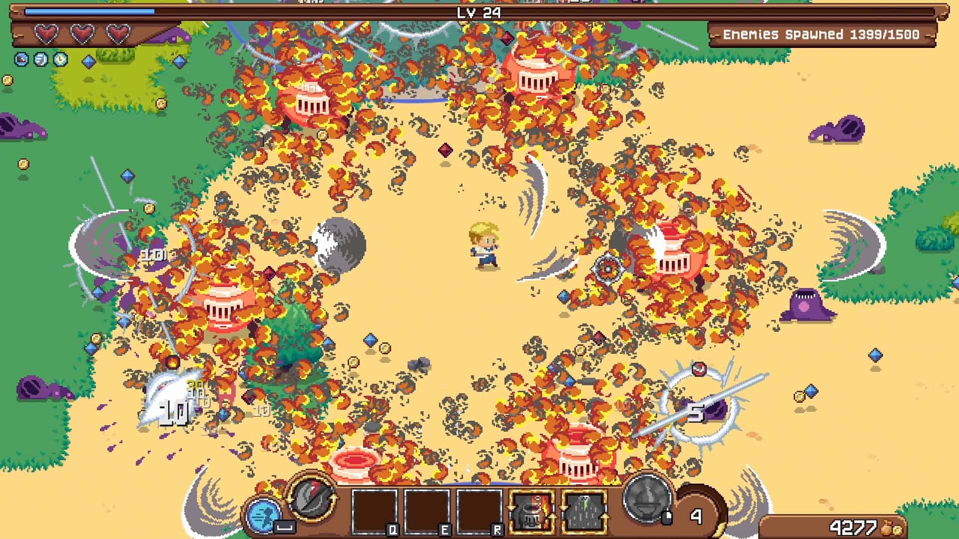 Pixel-art character surrounded by fiery explosions and attacking enemies in top-down gameplay