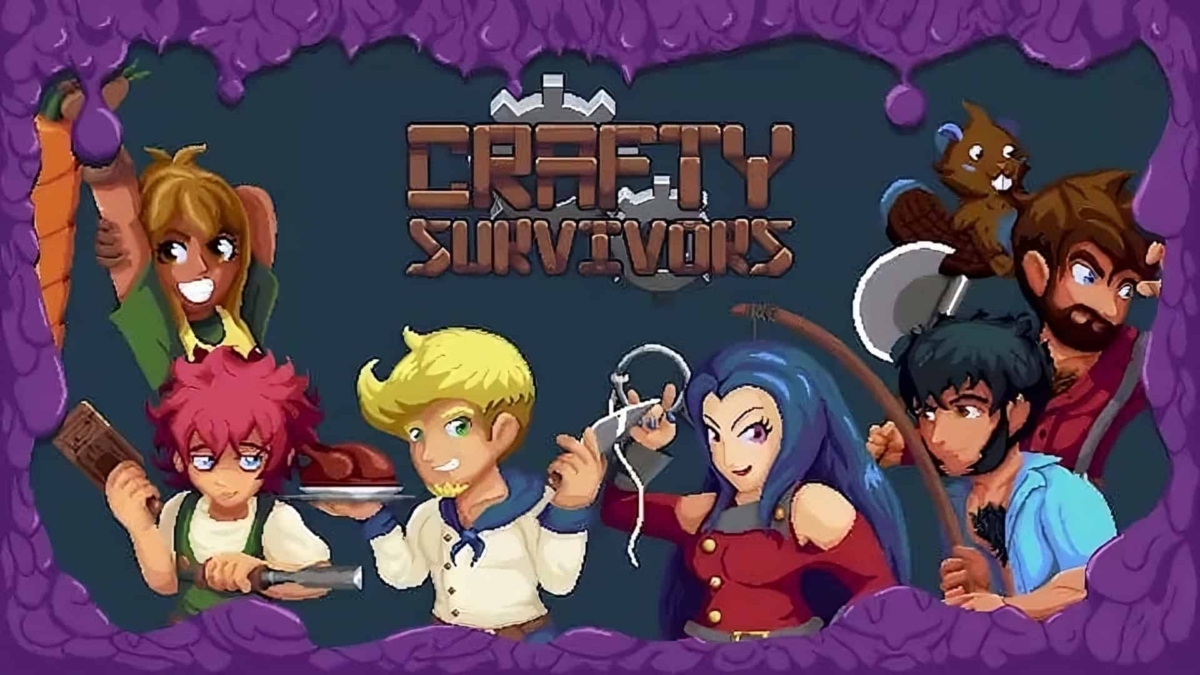 Six cartoon-style game characters with weapons posing under Crafty Survivors title