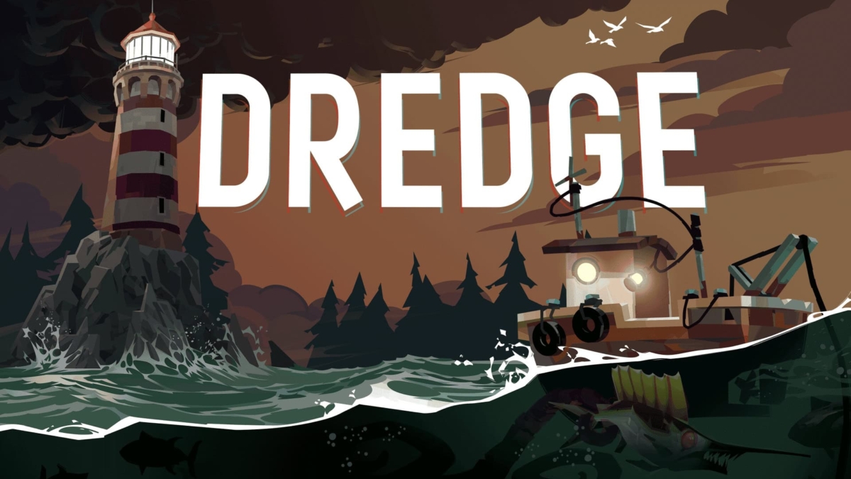 Illustration of a fishing boat at sea near a rocky lighthouse under dark skies with the word DREDGE in large letters