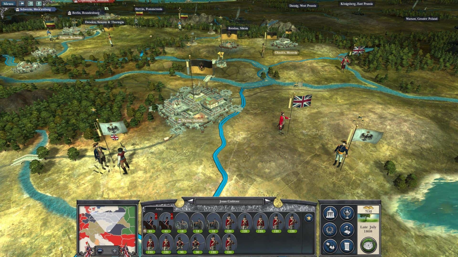 Strategic game map featuring armies with flags and territorial regions labelled by historical European locations