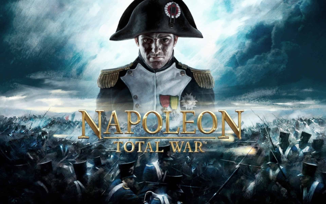 Portrait of a Napoleonic soldier in uniform above a battlefield scene with the title Napoleon Total War