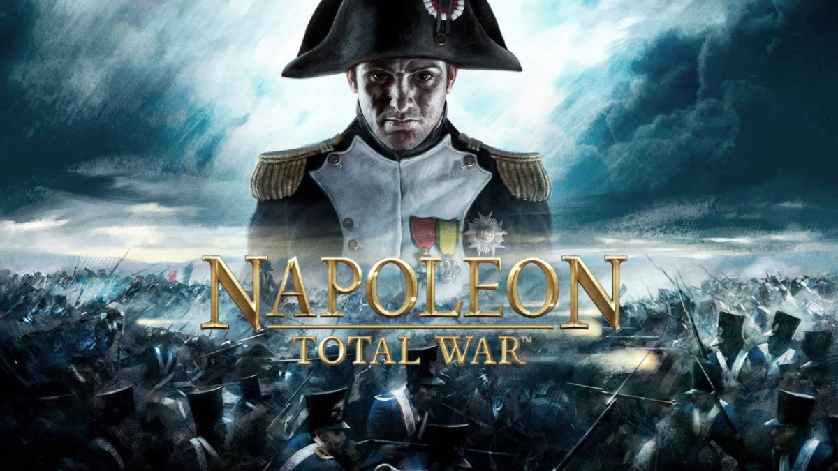 Portrait of a Napoleonic soldier in uniform above a battlefield scene with the title Napoleon Total War