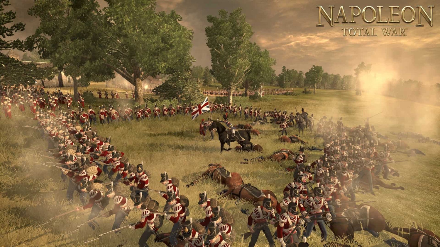 British soldiers in red uniforms advancing on a grassy battlefield with smoke, fallen horses, and mounted officer
