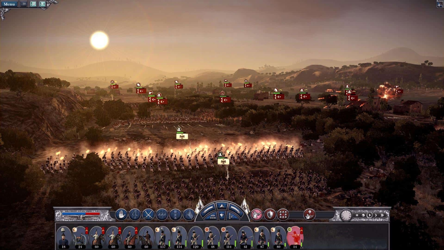 Infantry formations firing muskets during battle at sunset in a strategic war game