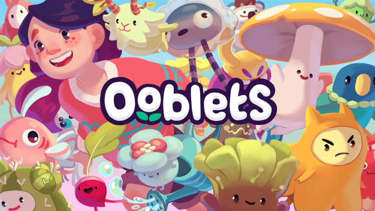 Colourful illustration showing a smiling girl and whimsical animated creatures surrounding the game title Ooblets