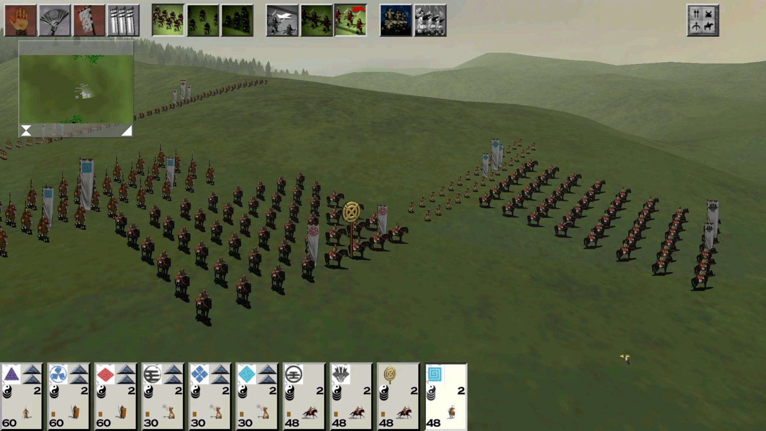 Formation of samurai cavalry and archers on grassy hills in Shogun Total War game with interface and unit icons