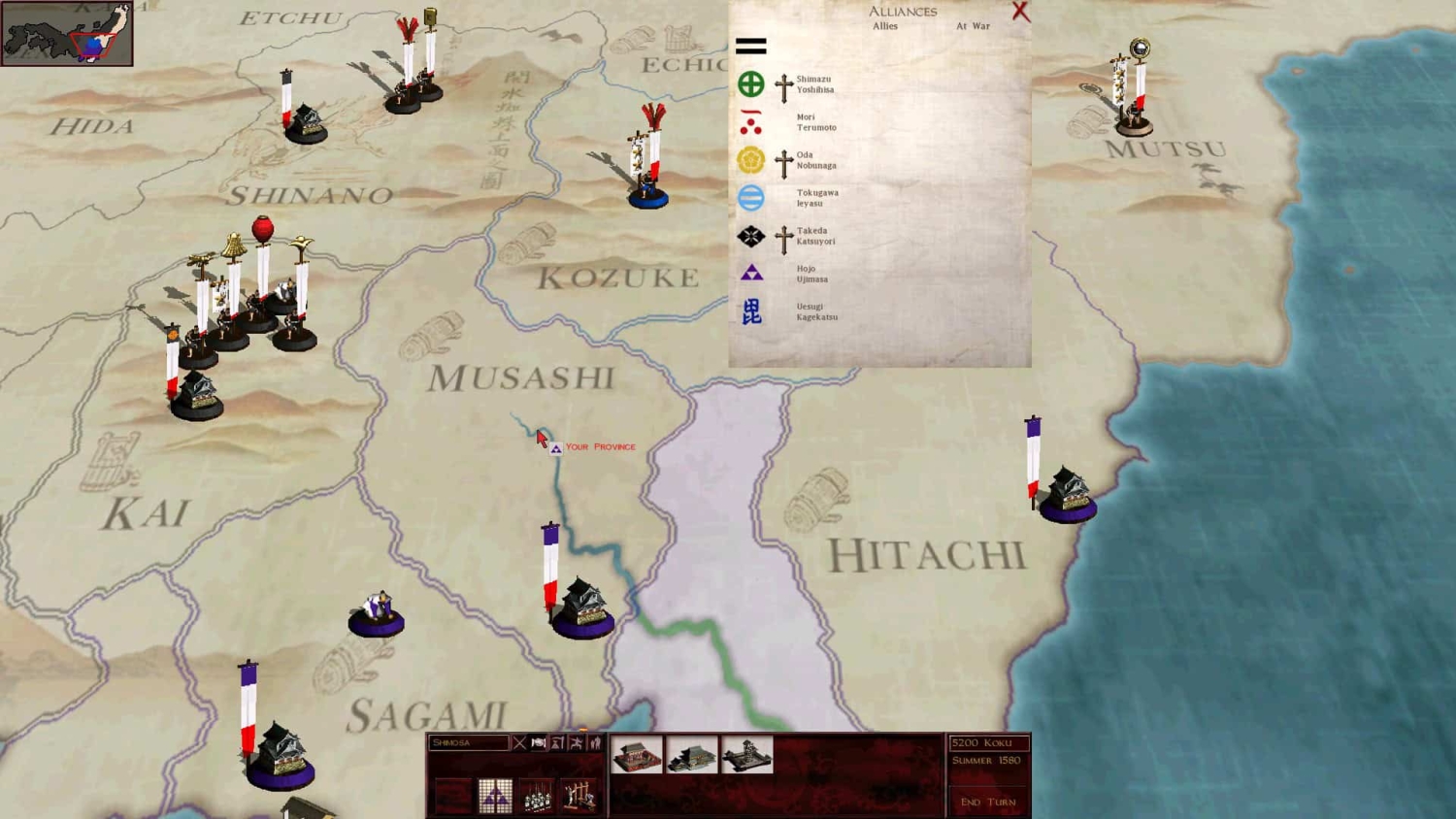 Strategy game map showing Japanese provinces with faction banners and a legend indicating alliances and wars