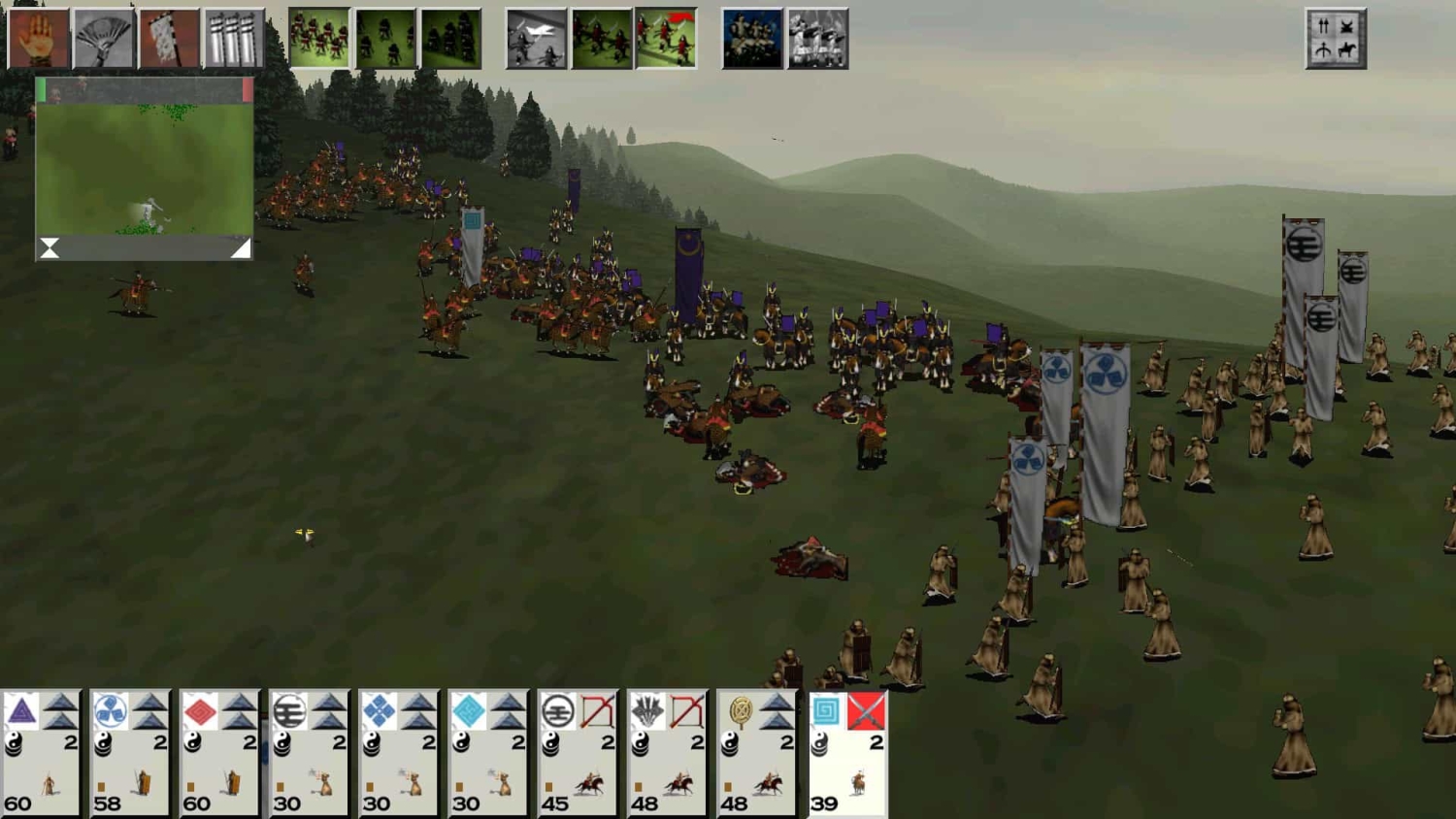 In-game view of troops with banners fighting on grassy hill under cloudy sky in a tactical battle