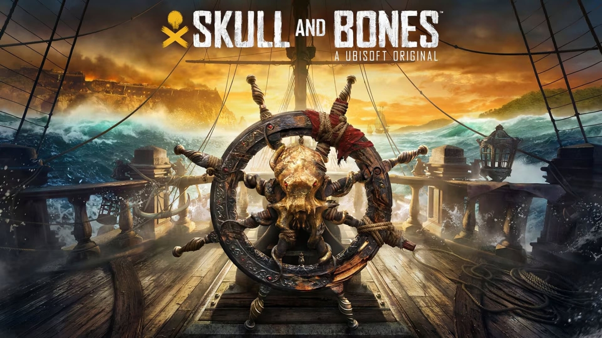 Wooden ship's wheel with a skull emblem at centre against a stormy sea and dramatic sunset sky