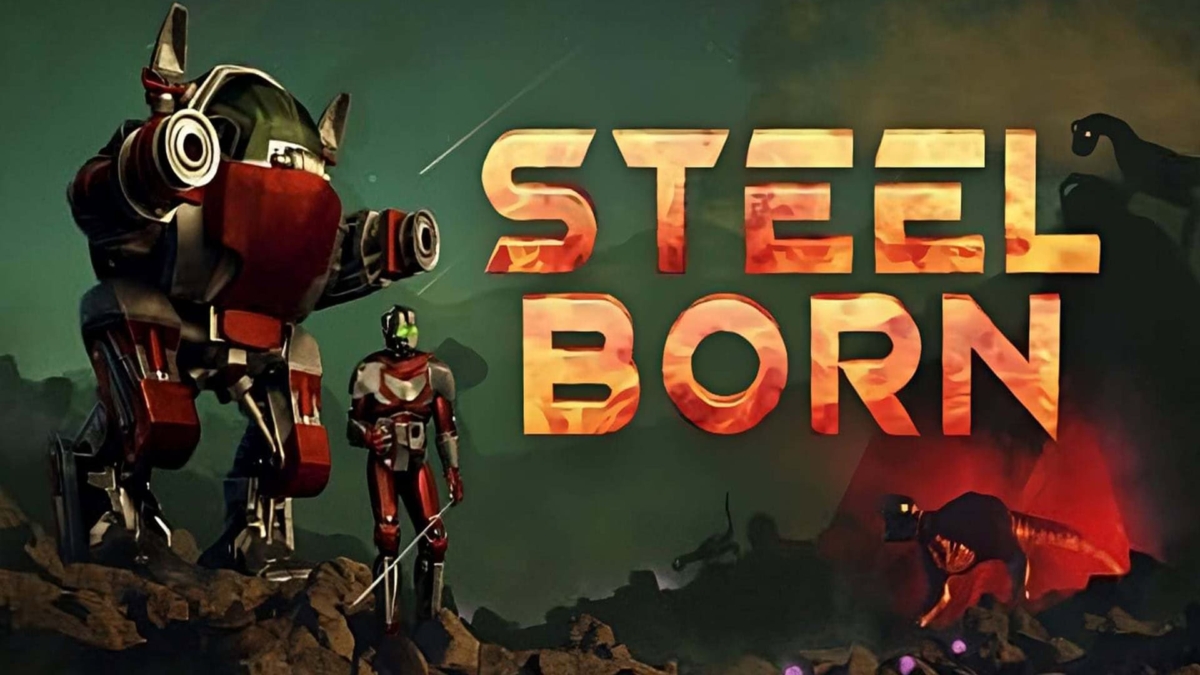 Robot mech and a soldier figure stand on rocky terrain under a dark sky with the text 'STEEL BORN' glowing in orange behind them