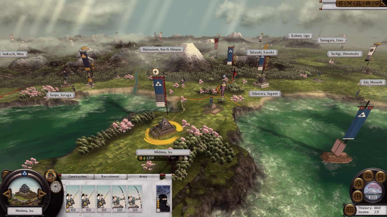 Strategy game map showing feudal Japan's regions and armies near Mishima castle with various banners